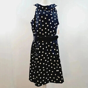 Dress Barn Belted Halter Dress Navy Blue White Polka Dot Plus Sz 16 NWT Pockets